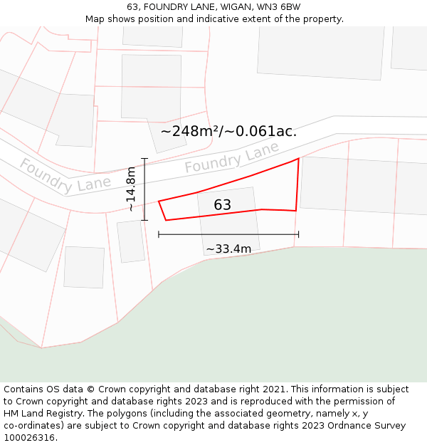 63, FOUNDRY LANE, WIGAN, WN3 6BW: Plot and title map