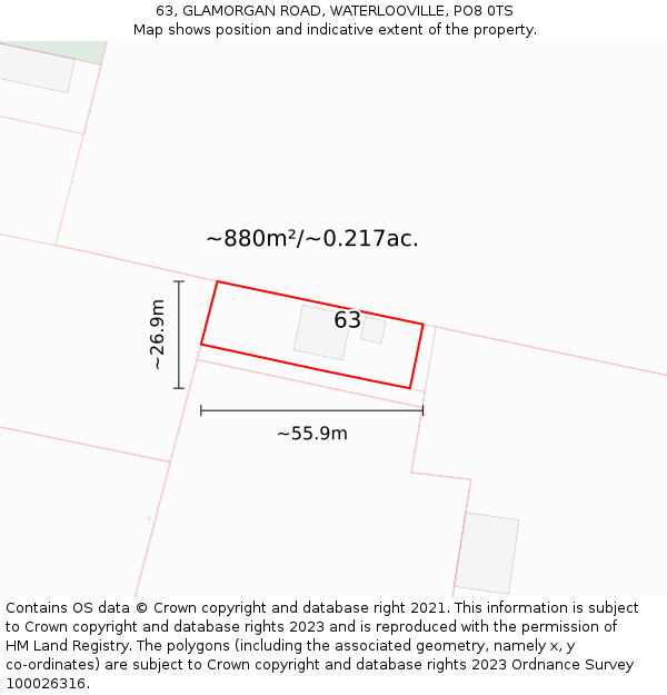 63, GLAMORGAN ROAD, WATERLOOVILLE, PO8 0TS: Plot and title map