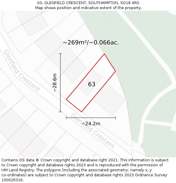 63, GLENFIELD CRESCENT, SOUTHAMPTON, SO18 4RG: Plot and title map