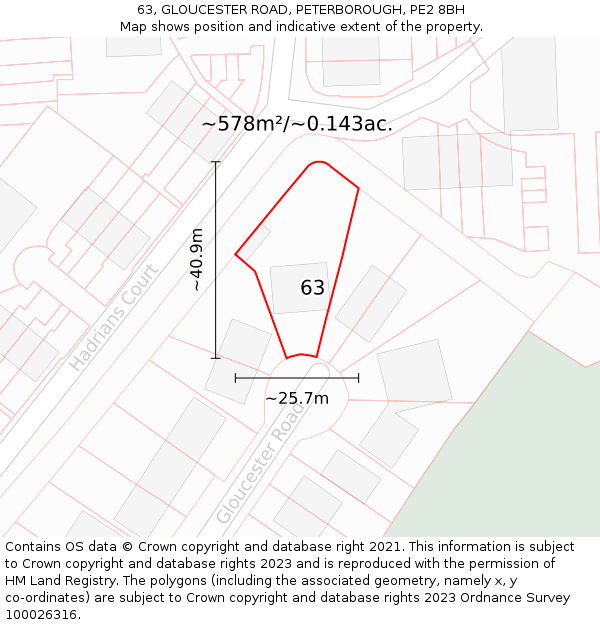 63, GLOUCESTER ROAD, PETERBOROUGH, PE2 8BH: Plot and title map