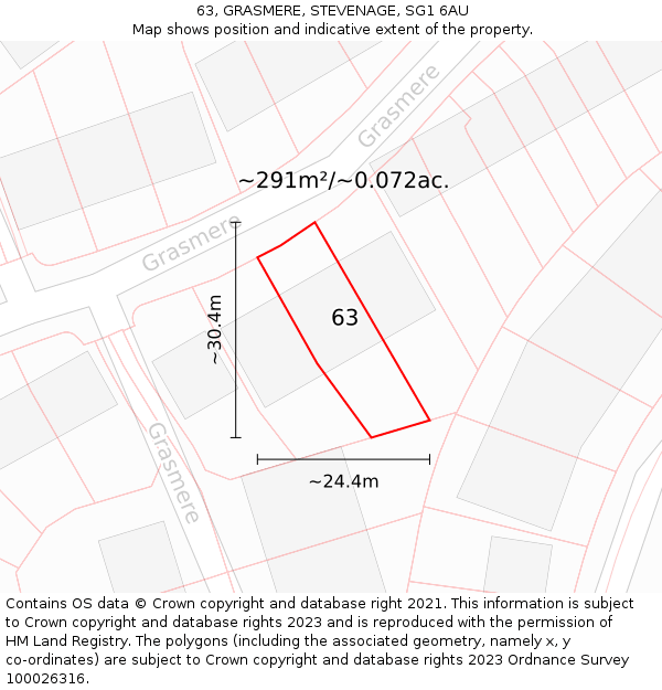 63, GRASMERE, STEVENAGE, SG1 6AU: Plot and title map