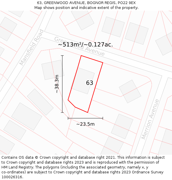 63, GREENWOOD AVENUE, BOGNOR REGIS, PO22 9EX: Plot and title map