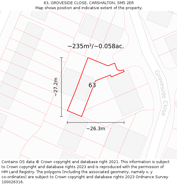 63, GROVESIDE CLOSE, CARSHALTON, SM5 2ER: Plot and title map