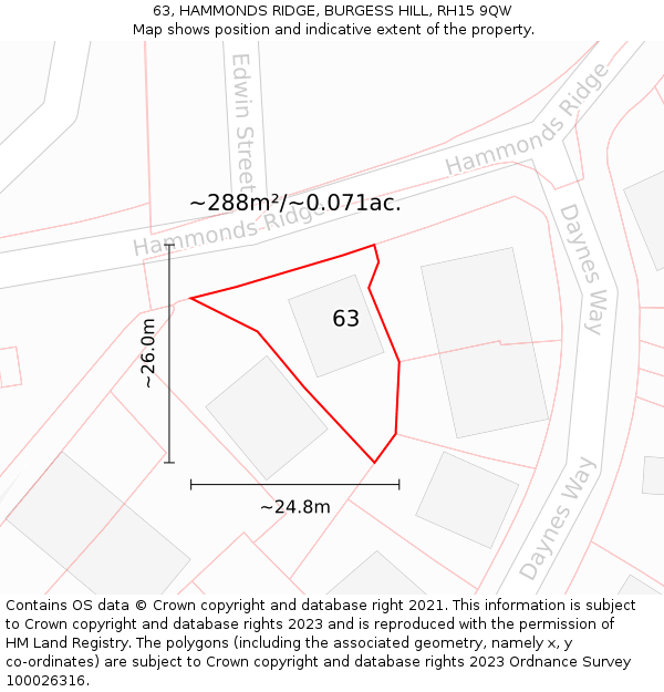 63, HAMMONDS RIDGE, BURGESS HILL, RH15 9QW: Plot and title map