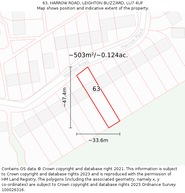 63, HARROW ROAD, LEIGHTON BUZZARD, LU7 4UF: Plot and title map