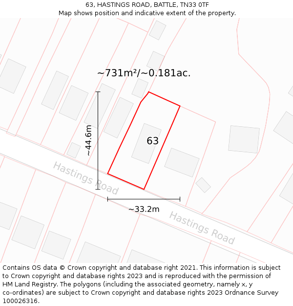 63, HASTINGS ROAD, BATTLE, TN33 0TF: Plot and title map