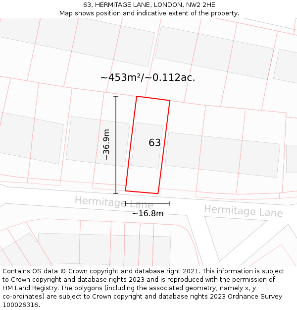 63, HERMITAGE LANE, LONDON, NW2 2HE: Plot and title map