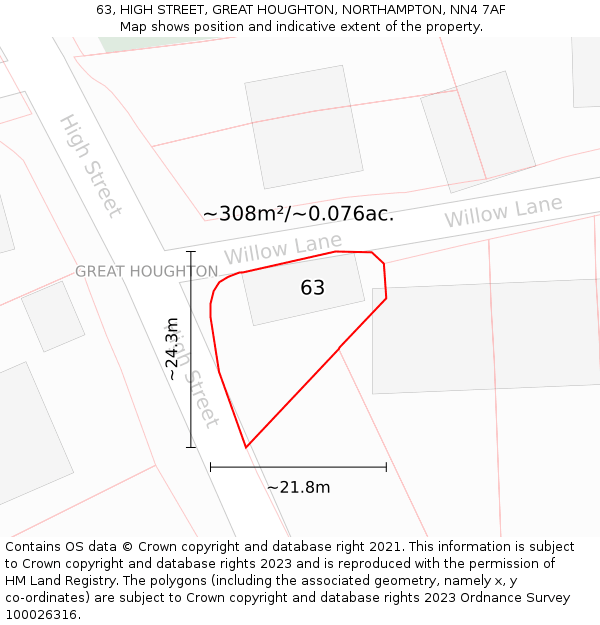 63, HIGH STREET, GREAT HOUGHTON, NORTHAMPTON, NN4 7AF: Plot and title map