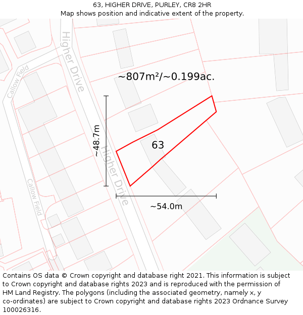 63, HIGHER DRIVE, PURLEY, CR8 2HR: Plot and title map