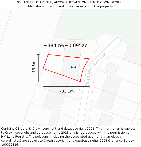 63, HIGHFIELD AVENUE, ALCONBURY WESTON, HUNTINGDON, PE28 4JS: Plot and title map