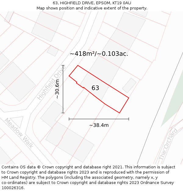 63, HIGHFIELD DRIVE, EPSOM, KT19 0AU: Plot and title map