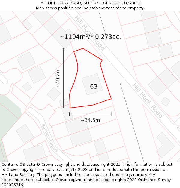 63, HILL HOOK ROAD, SUTTON COLDFIELD, B74 4EE: Plot and title map