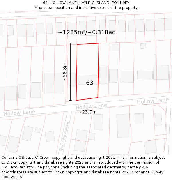 63, HOLLOW LANE, HAYLING ISLAND, PO11 9EY: Plot and title map