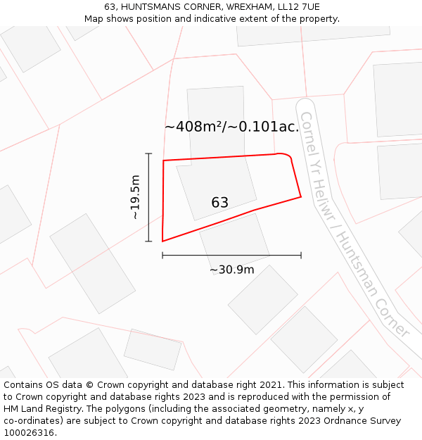 63, HUNTSMANS CORNER, WREXHAM, LL12 7UE: Plot and title map