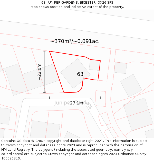 63, JUNIPER GARDENS, BICESTER, OX26 3FS: Plot and title map