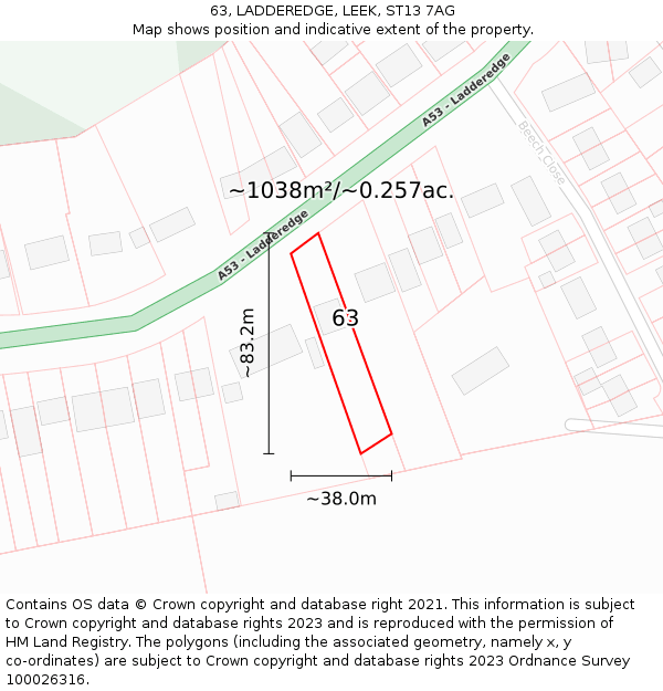 63, LADDEREDGE, LEEK, ST13 7AG: Plot and title map