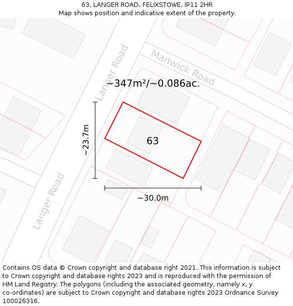 63, LANGER ROAD, FELIXSTOWE, IP11 2HR: Plot and title map