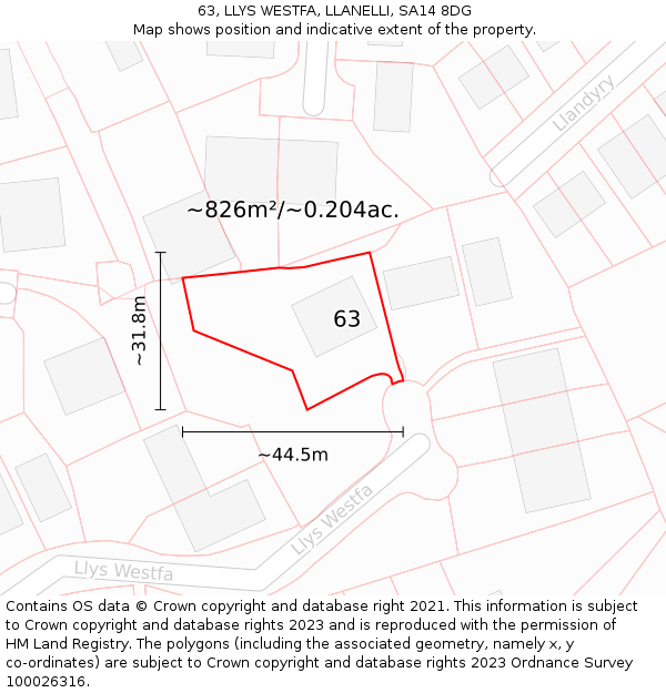 63, LLYS WESTFA, LLANELLI, SA14 8DG: Plot and title map