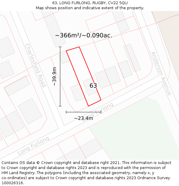 63, LONG FURLONG, RUGBY, CV22 5QU: Plot and title map