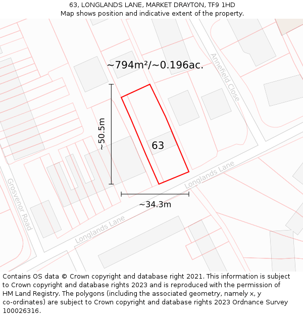 63, LONGLANDS LANE, MARKET DRAYTON, TF9 1HD: Plot and title map