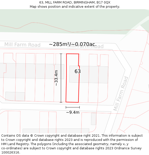 63, MILL FARM ROAD, BIRMINGHAM, B17 0QX: Plot and title map