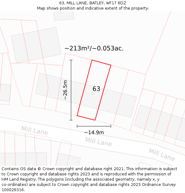 63, MILL LANE, BATLEY, WF17 6DZ: Plot and title map