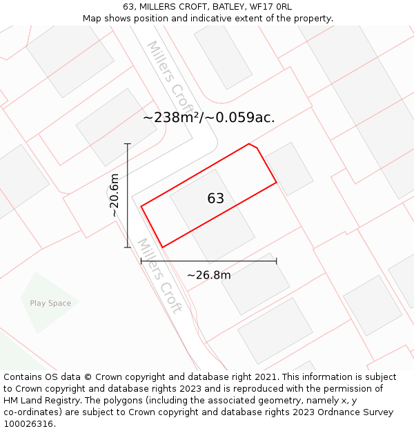 63, MILLERS CROFT, BATLEY, WF17 0RL: Plot and title map