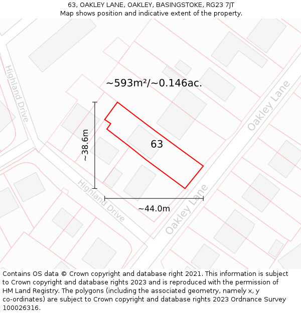 63, OAKLEY LANE, OAKLEY, BASINGSTOKE, RG23 7JT: Plot and title map