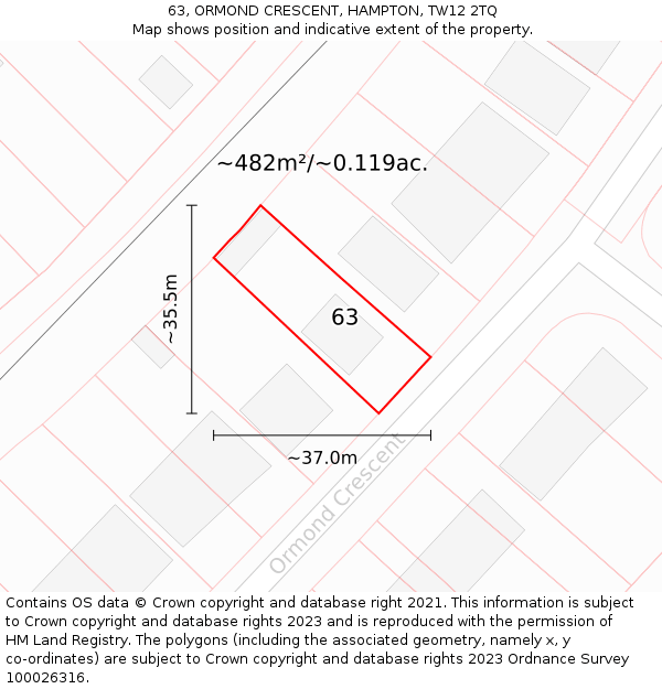 63, ORMOND CRESCENT, HAMPTON, TW12 2TQ: Plot and title map