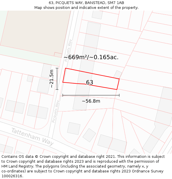 63, PICQUETS WAY, BANSTEAD, SM7 1AB: Plot and title map