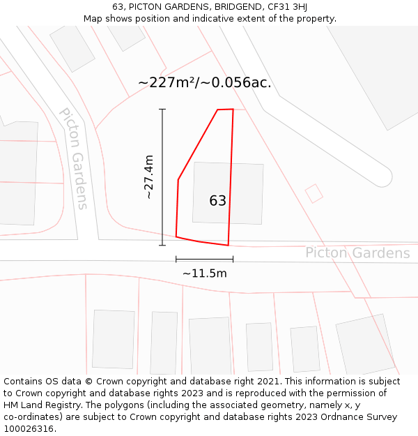 63, PICTON GARDENS, BRIDGEND, CF31 3HJ: Plot and title map