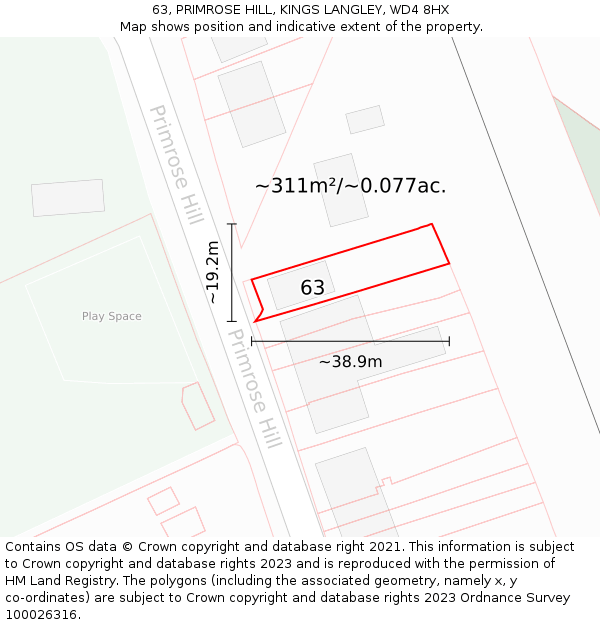 63, PRIMROSE HILL, KINGS LANGLEY, WD4 8HX: Plot and title map