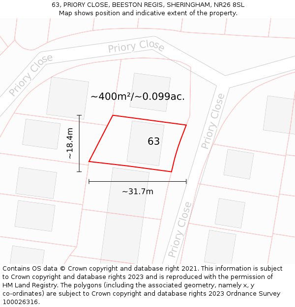 63, PRIORY CLOSE, BEESTON REGIS, SHERINGHAM, NR26 8SL: Plot and title map