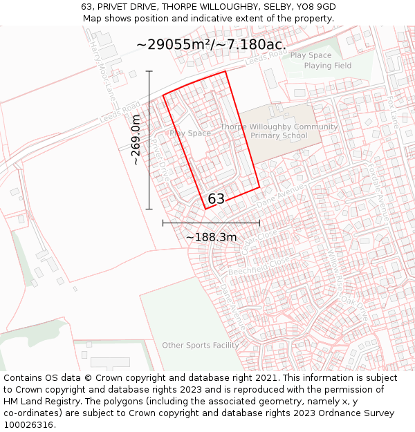 63, PRIVET DRIVE, THORPE WILLOUGHBY, SELBY, YO8 9GD: Plot and title map