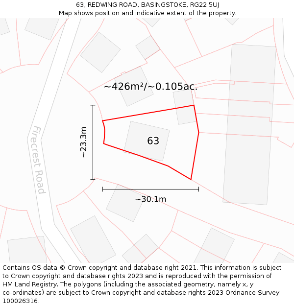 63, REDWING ROAD, BASINGSTOKE, RG22 5UJ: Plot and title map