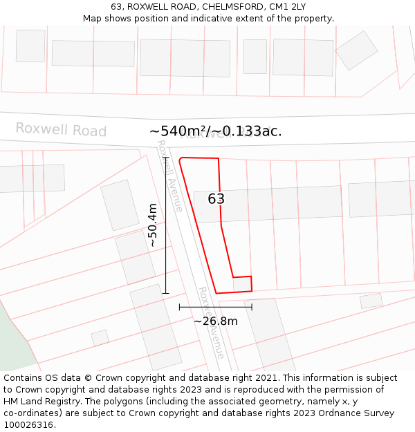63, ROXWELL ROAD, CHELMSFORD, CM1 2LY: Plot and title map
