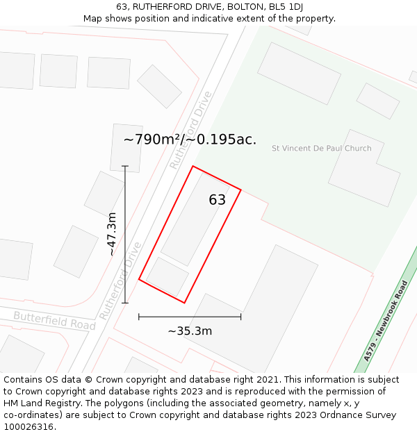 63, RUTHERFORD DRIVE, BOLTON, BL5 1DJ: Plot and title map