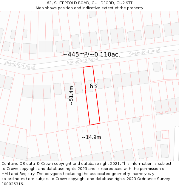 63, SHEEPFOLD ROAD, GUILDFORD, GU2 9TT: Plot and title map
