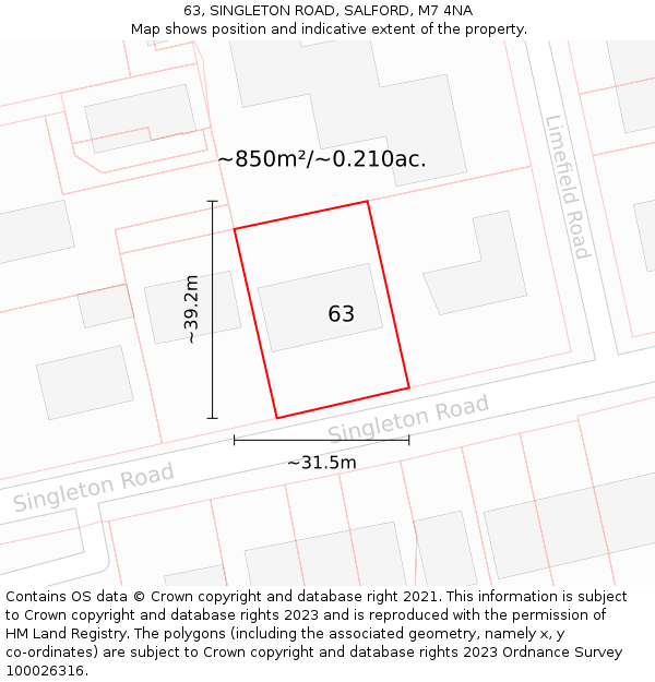 63, SINGLETON ROAD, SALFORD, M7 4NA: Plot and title map