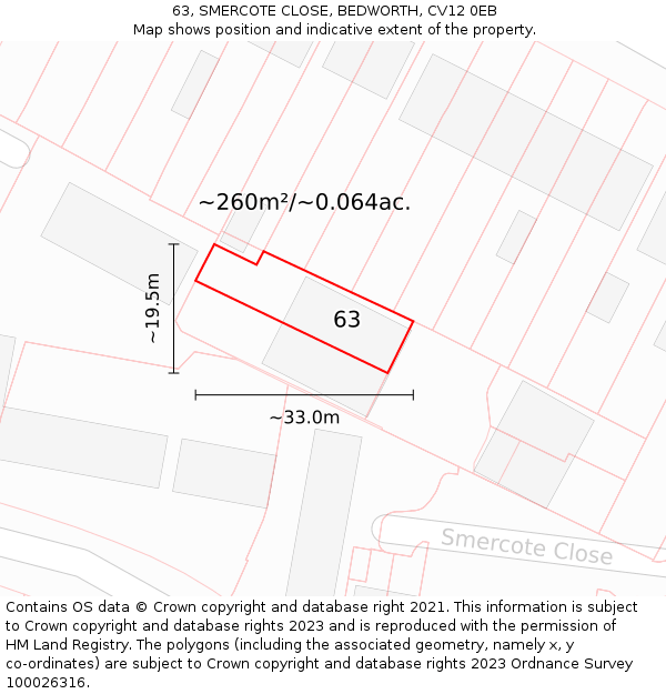 63, SMERCOTE CLOSE, BEDWORTH, CV12 0EB: Plot and title map