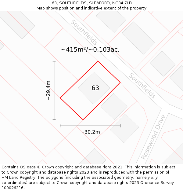 63, SOUTHFIELDS, SLEAFORD, NG34 7LB: Plot and title map