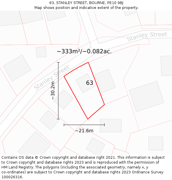 63, STANLEY STREET, BOURNE, PE10 9BJ: Plot and title map
