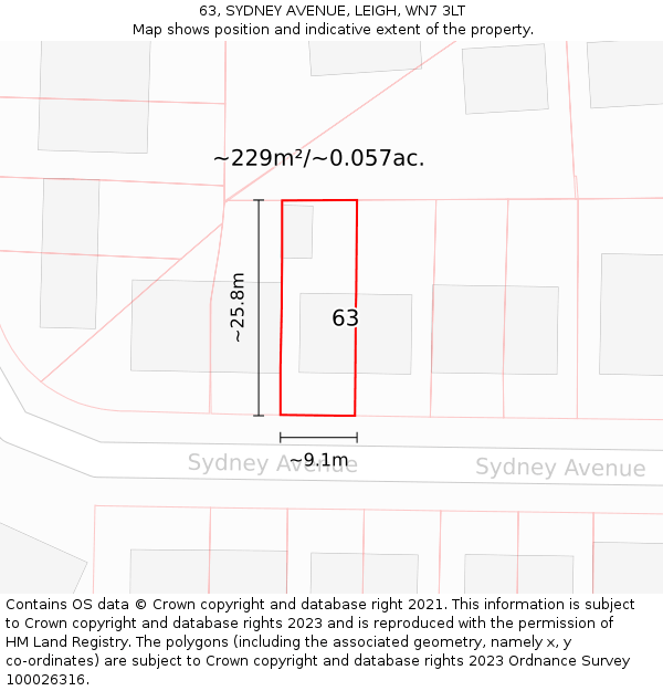 63, SYDNEY AVENUE, LEIGH, WN7 3LT: Plot and title map