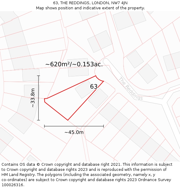 63, THE REDDINGS, LONDON, NW7 4JN: Plot and title map