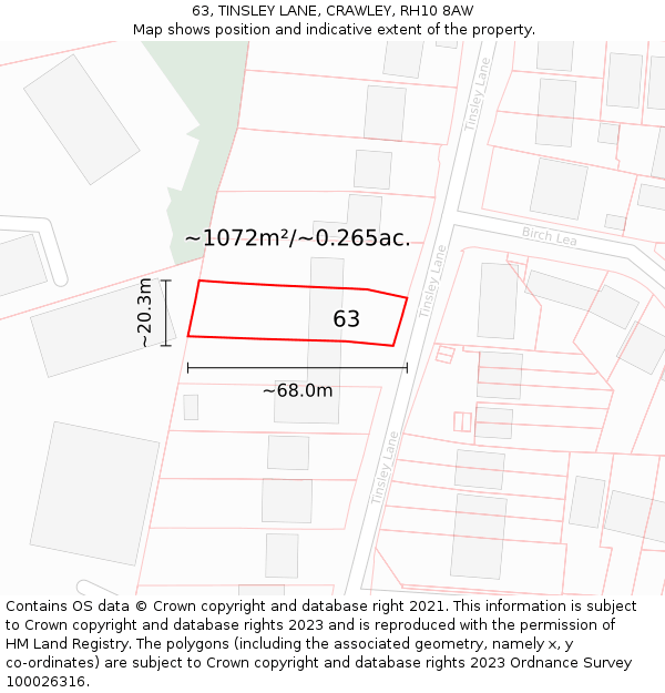 63, TINSLEY LANE, CRAWLEY, RH10 8AW: Plot and title map