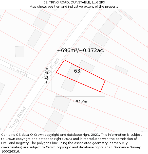 63, TRING ROAD, DUNSTABLE, LU6 2PX: Plot and title map