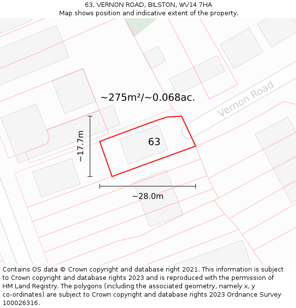 63, VERNON ROAD, BILSTON, WV14 7HA: Plot and title map