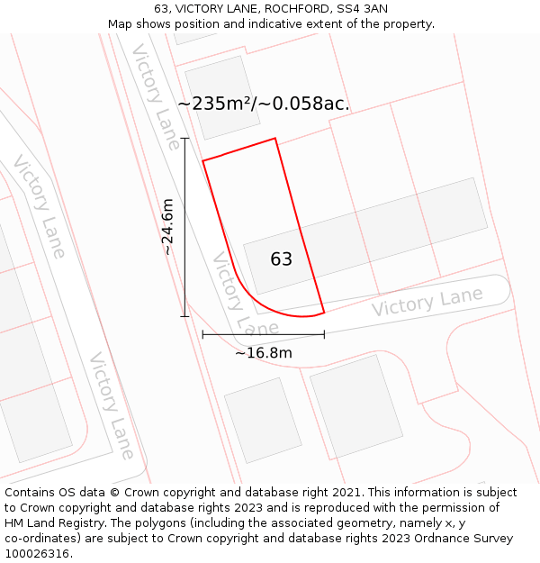 63, VICTORY LANE, ROCHFORD, SS4 3AN: Plot and title map