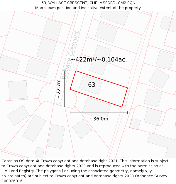 63, WALLACE CRESCENT, CHELMSFORD, CM2 9QN: Plot and title map