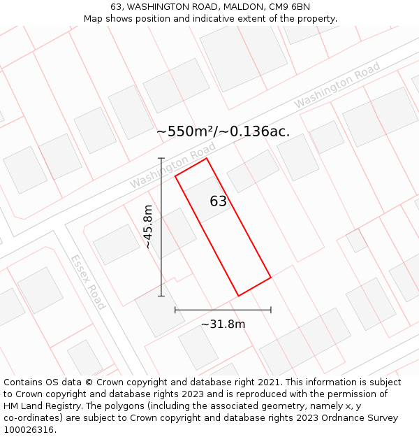 63, WASHINGTON ROAD, MALDON, CM9 6BN: Plot and title map